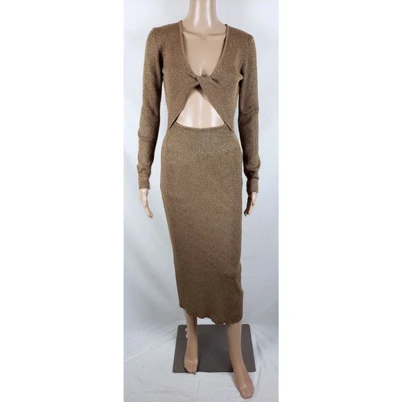 House of Harlow 1960 | Dresses | House Of Harlow 96 Womens Rib Knit Dress  Gold Twist Deep V Midi S Long Sleeve | Poshmark
